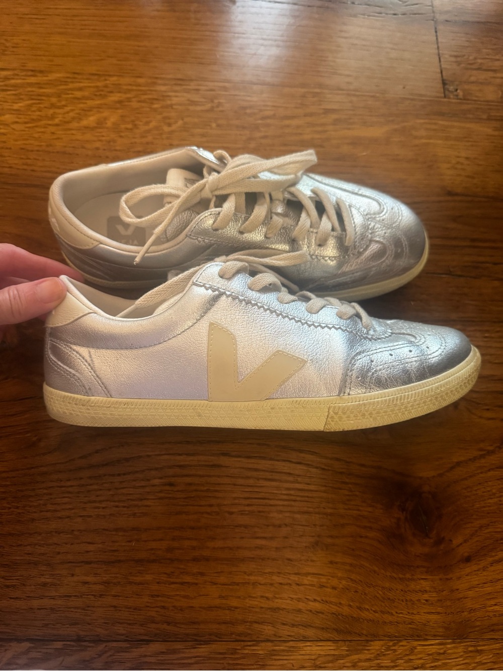 Veja Silver Metallic Sneakers with Cream V Logo Europe 39 US 8